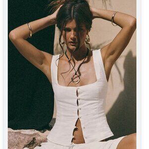 White Cotton Square-Neck Button-Front Peplum Top